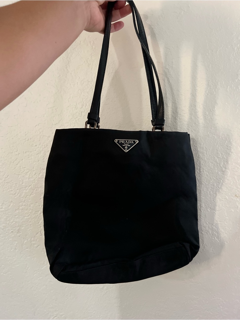 Prada Black Nylon Tote with Leather Straps and Triangle Logo